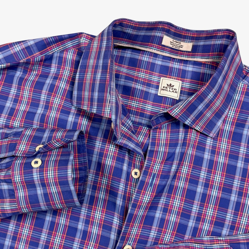 Peter Millar Mens Large Plaid Button Down Shirt Long‎ Sleeve 100% Cotton Casual